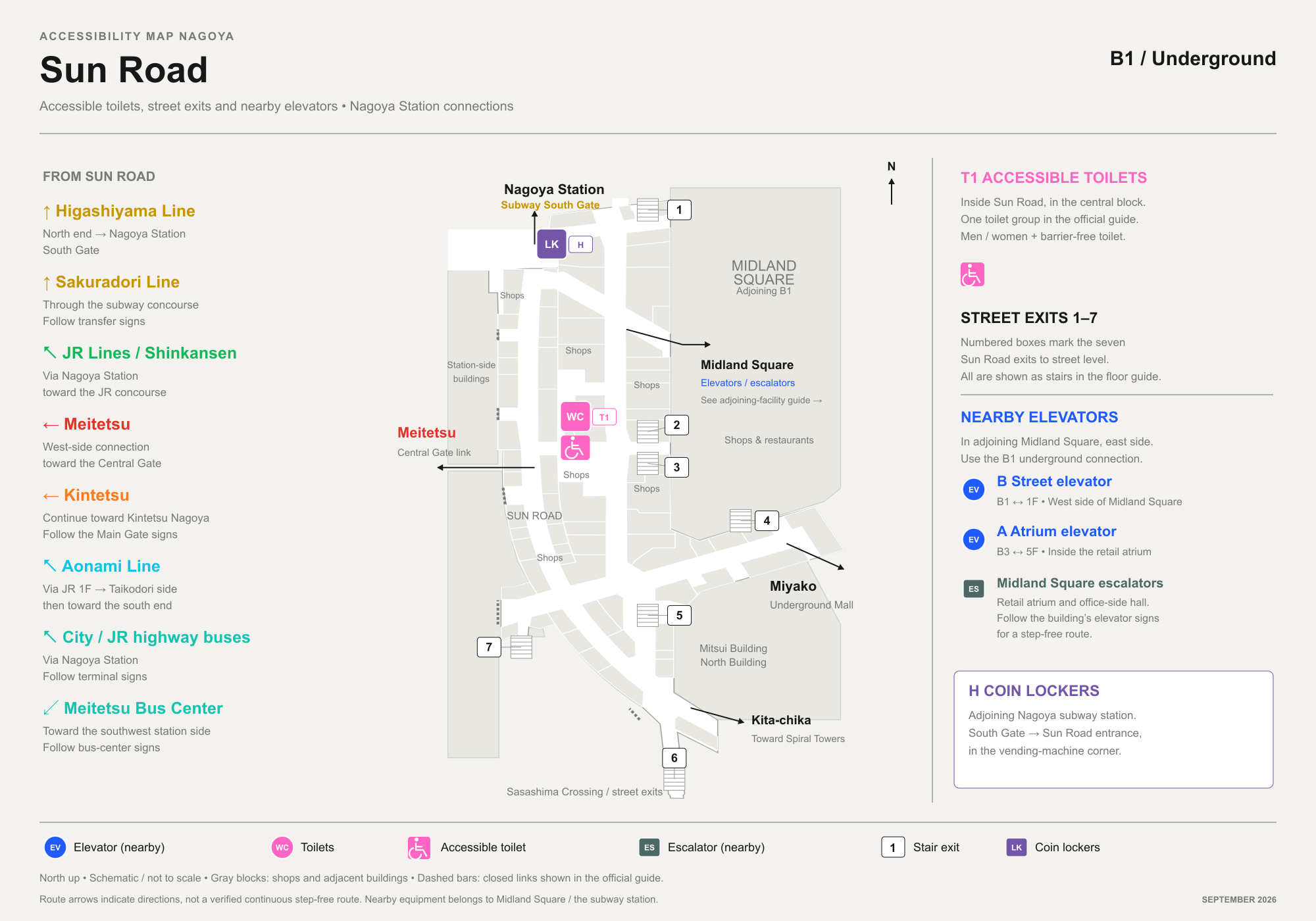 Sun Road underground shopping street floor map, elevators in blue and the toilet in pink