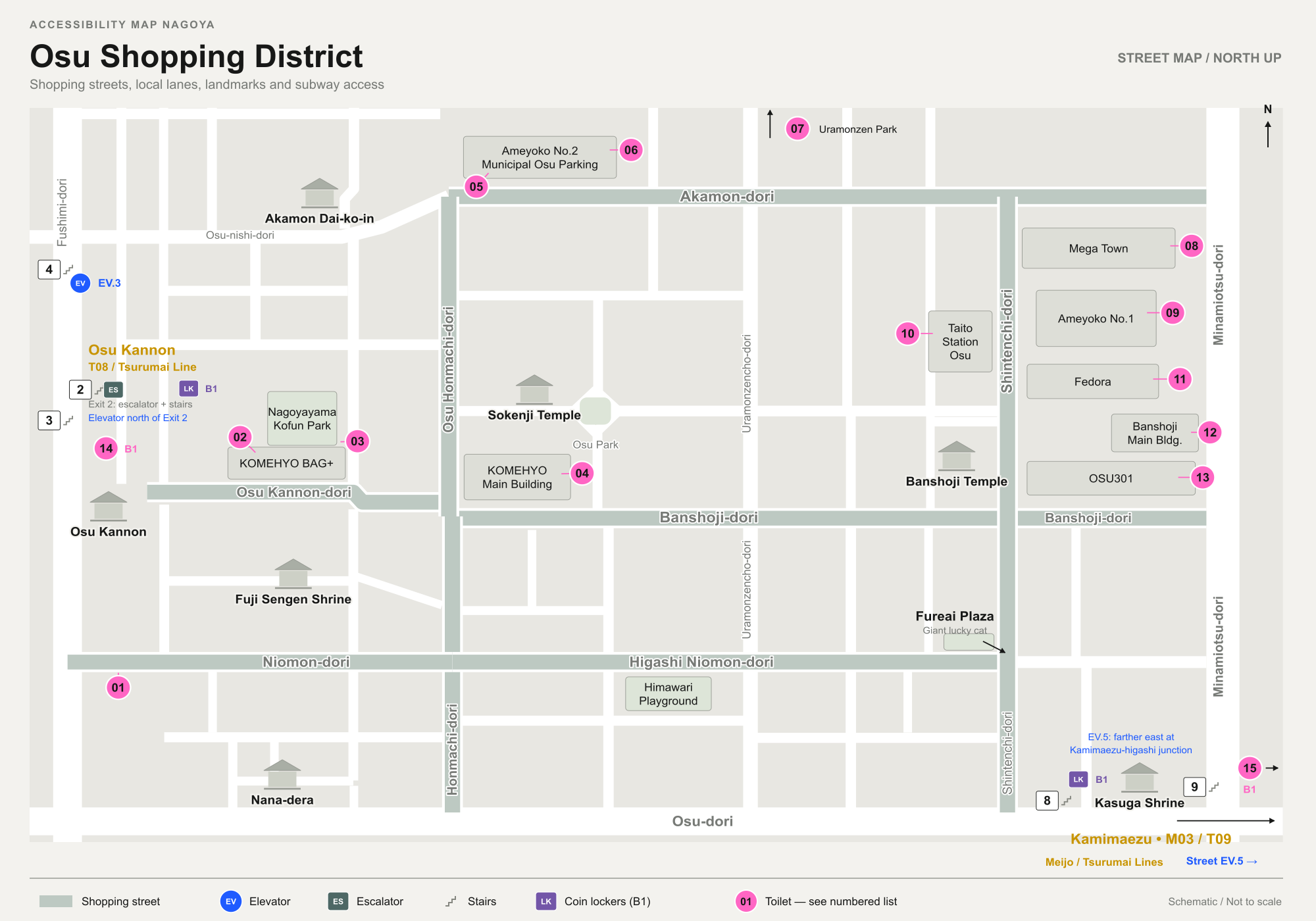 Osu shopping district map with 15 numbered toilet locations