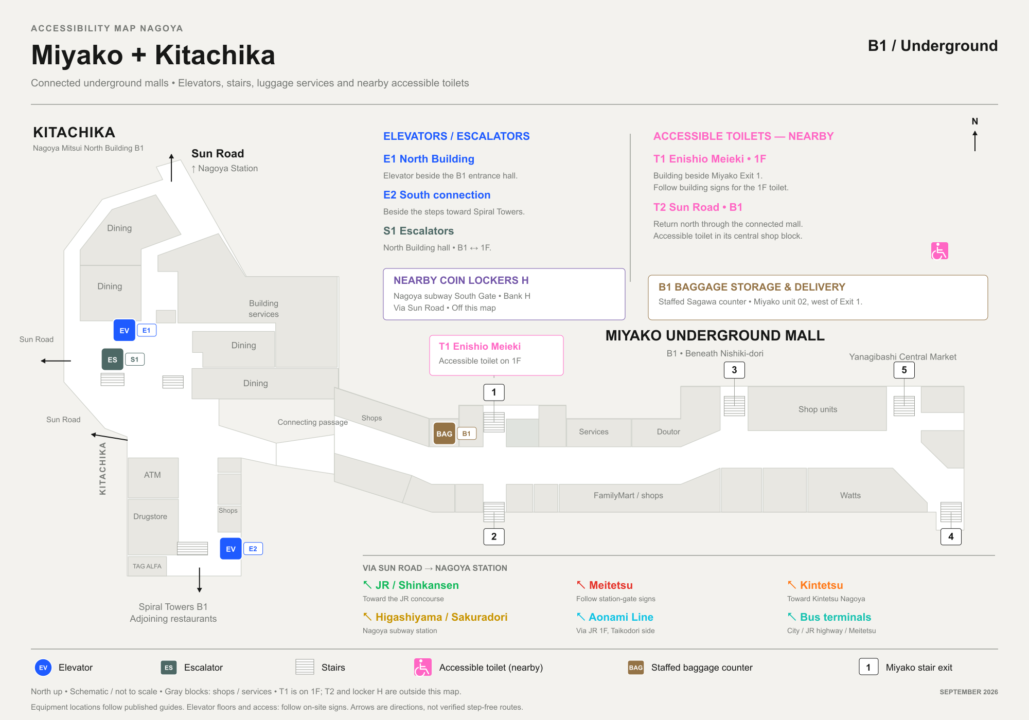 Miyako Underground Street and Kitachika floor map, elevators in blue and the toilet in pink