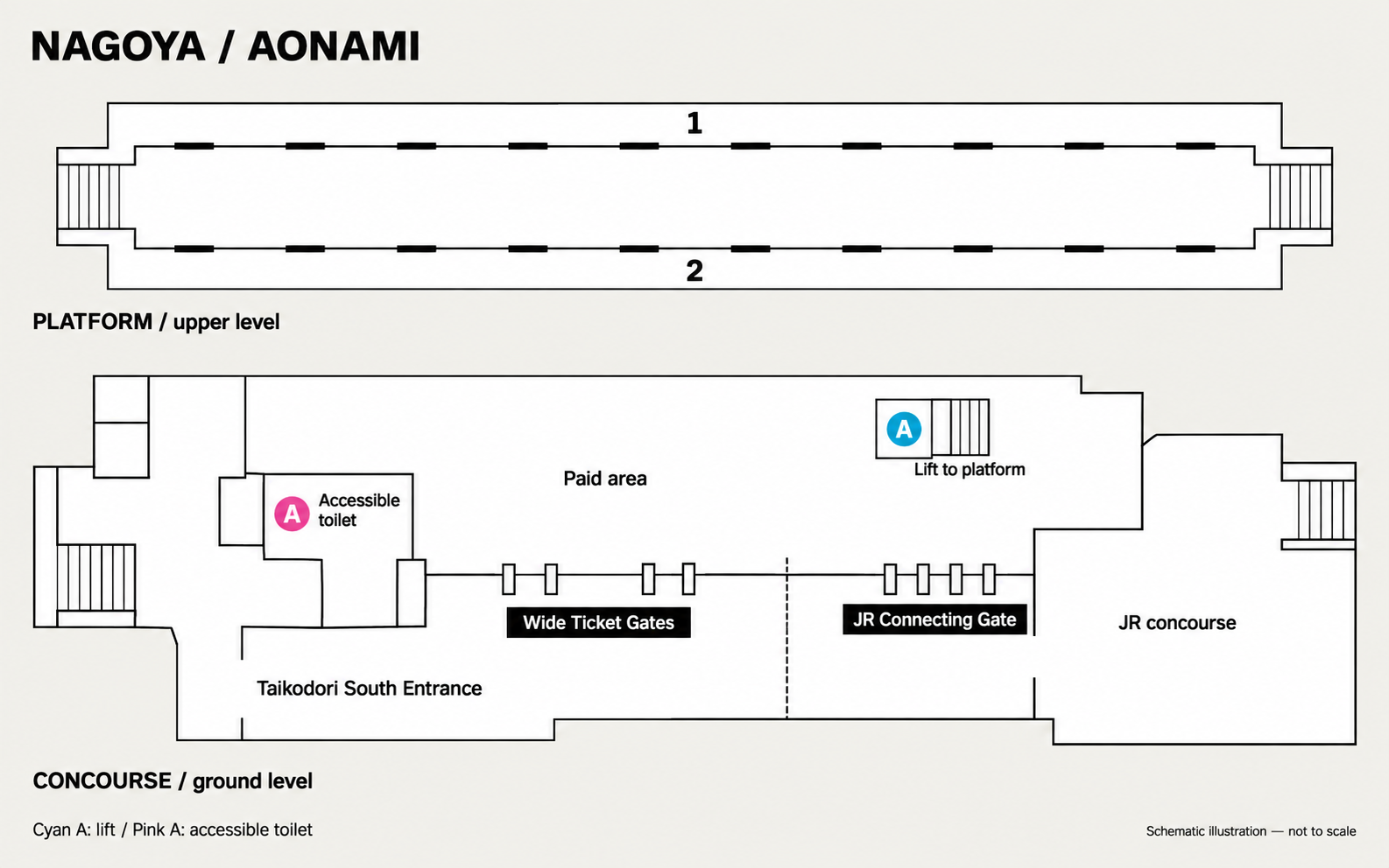 Schematic step-free floor plan, with lettered badges matching the table above