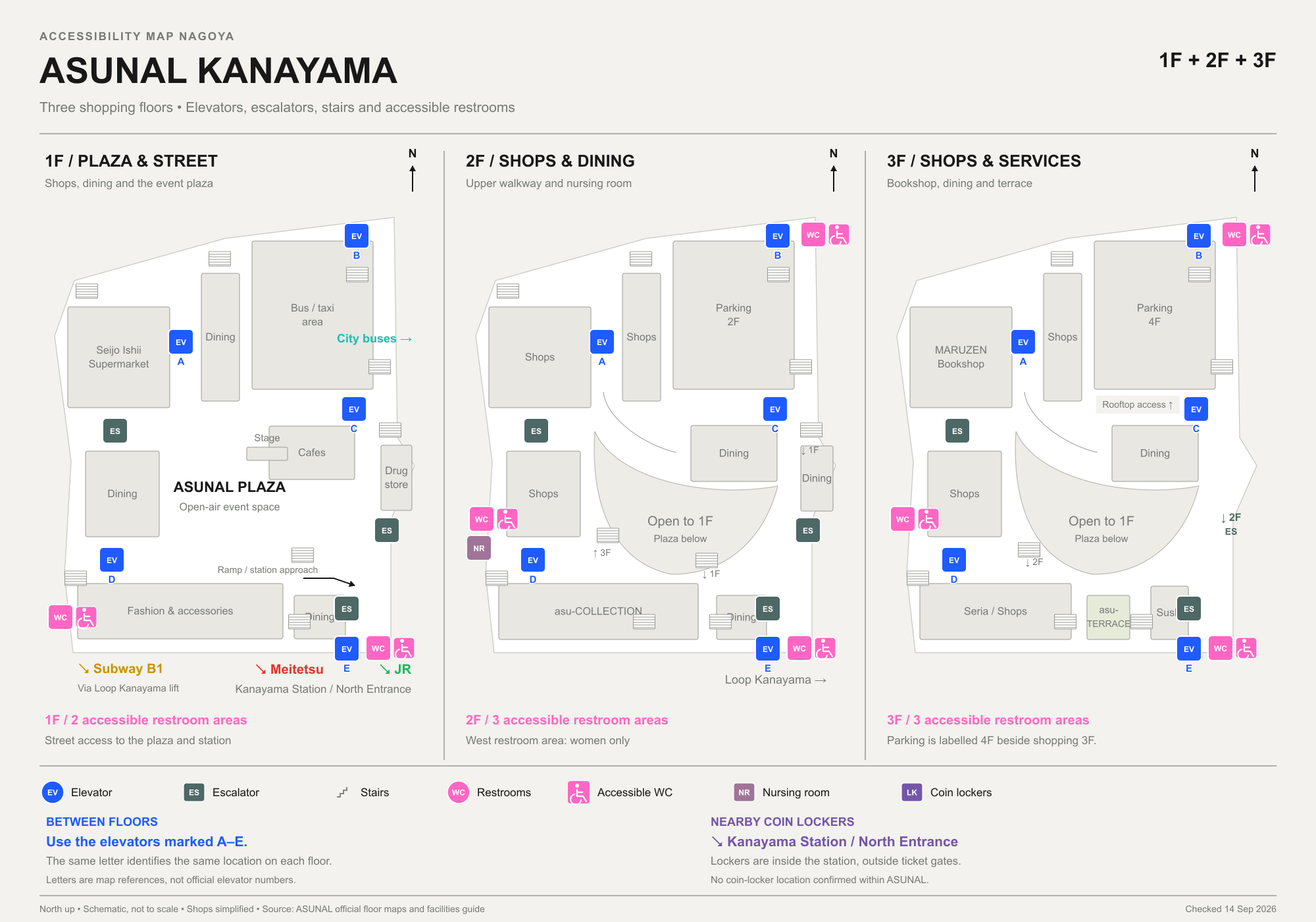 ASUNAL KANAYAMA accessibility map, three floors