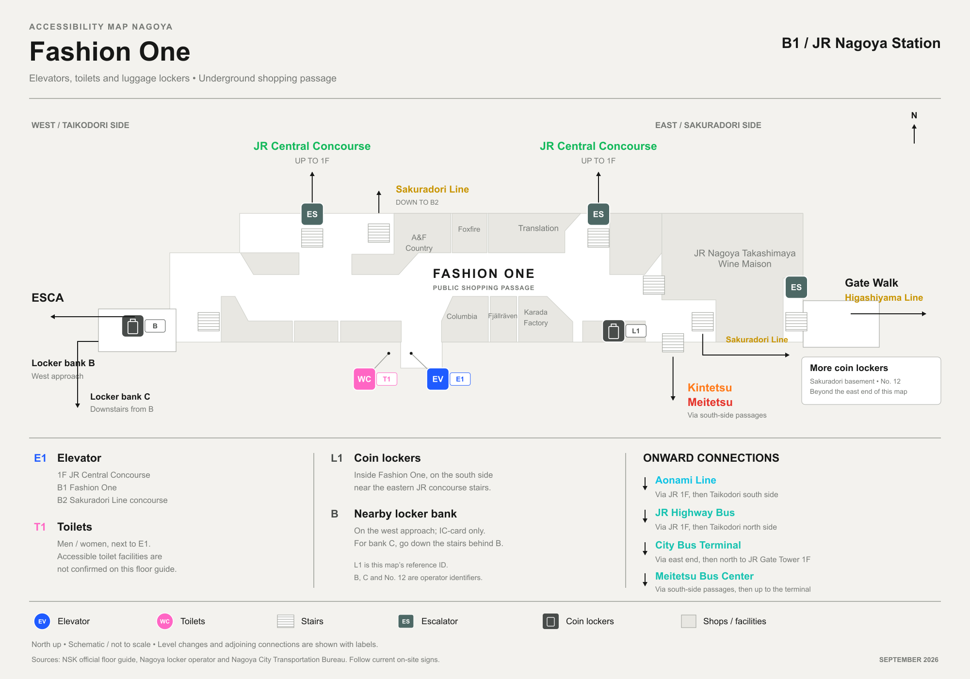 Fashion One B1 floor plan schematic showing one elevator (E1), toilets (T1), luggage lockers (L1) and the nearby locker bank B