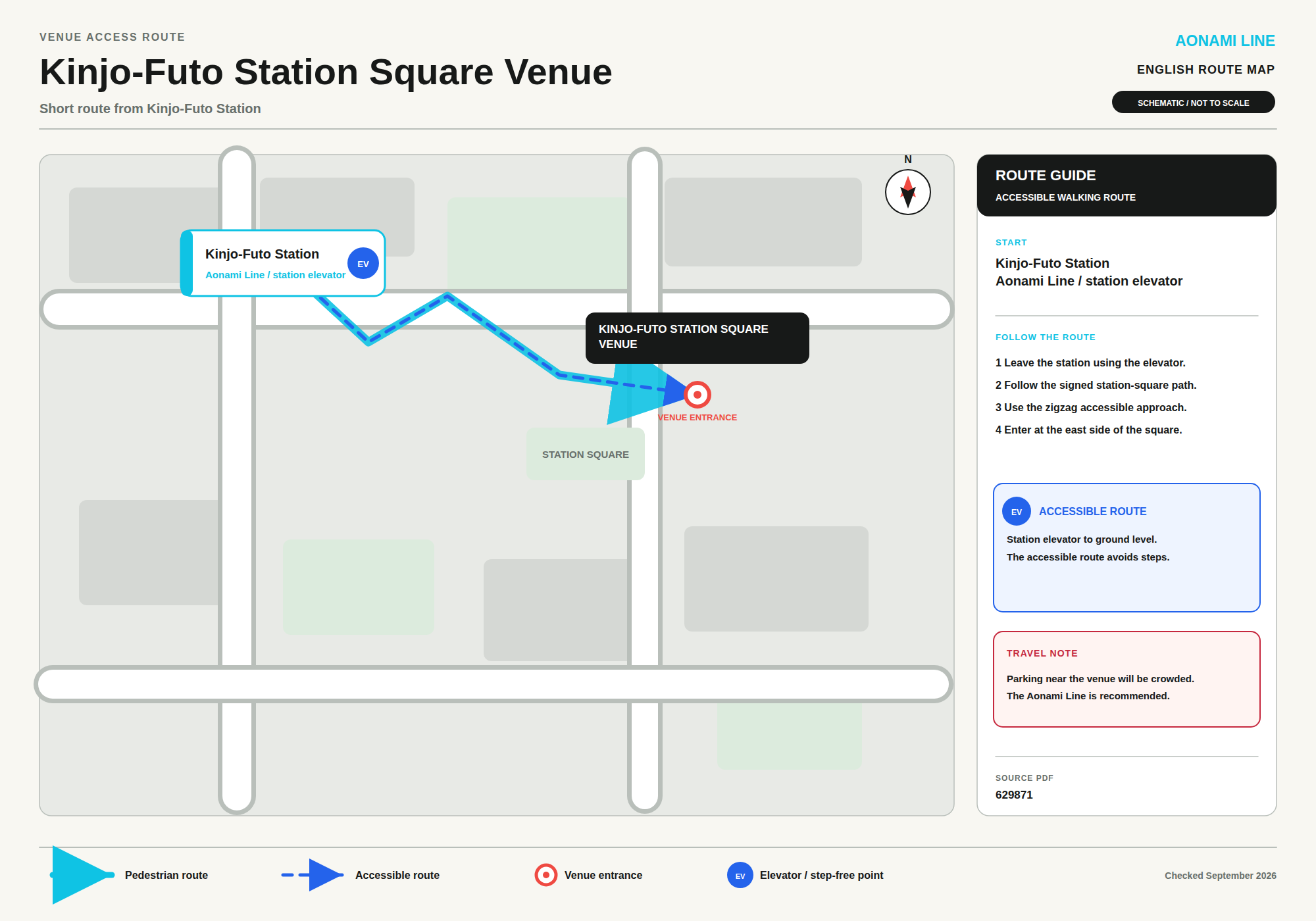 Route map from Kinjo-Futo Station (Aonami Line, station elevator) to the Kinjo-Futo Station Square venue, next to the arena. Leave the station using the elevator, follow the signed station-square path, use the zigzag accessible approach, and enter at the east side of the square. The accessible route avoids steps.