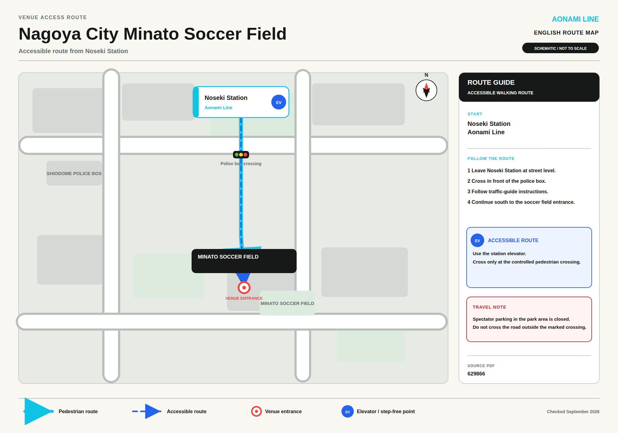 Route map from Noseki Station (Aonami Line) to Nagoya City Minato Soccer Field. Leave the station at street level, cross in front of the Shiodome police box, follow traffic-guide instructions, then continue south to the soccer field entrance. Use the station elevator and cross only at the controlled pedestrian crossing. Spectator parking in the park area is closed; do not cross the road outside the marked crossing.