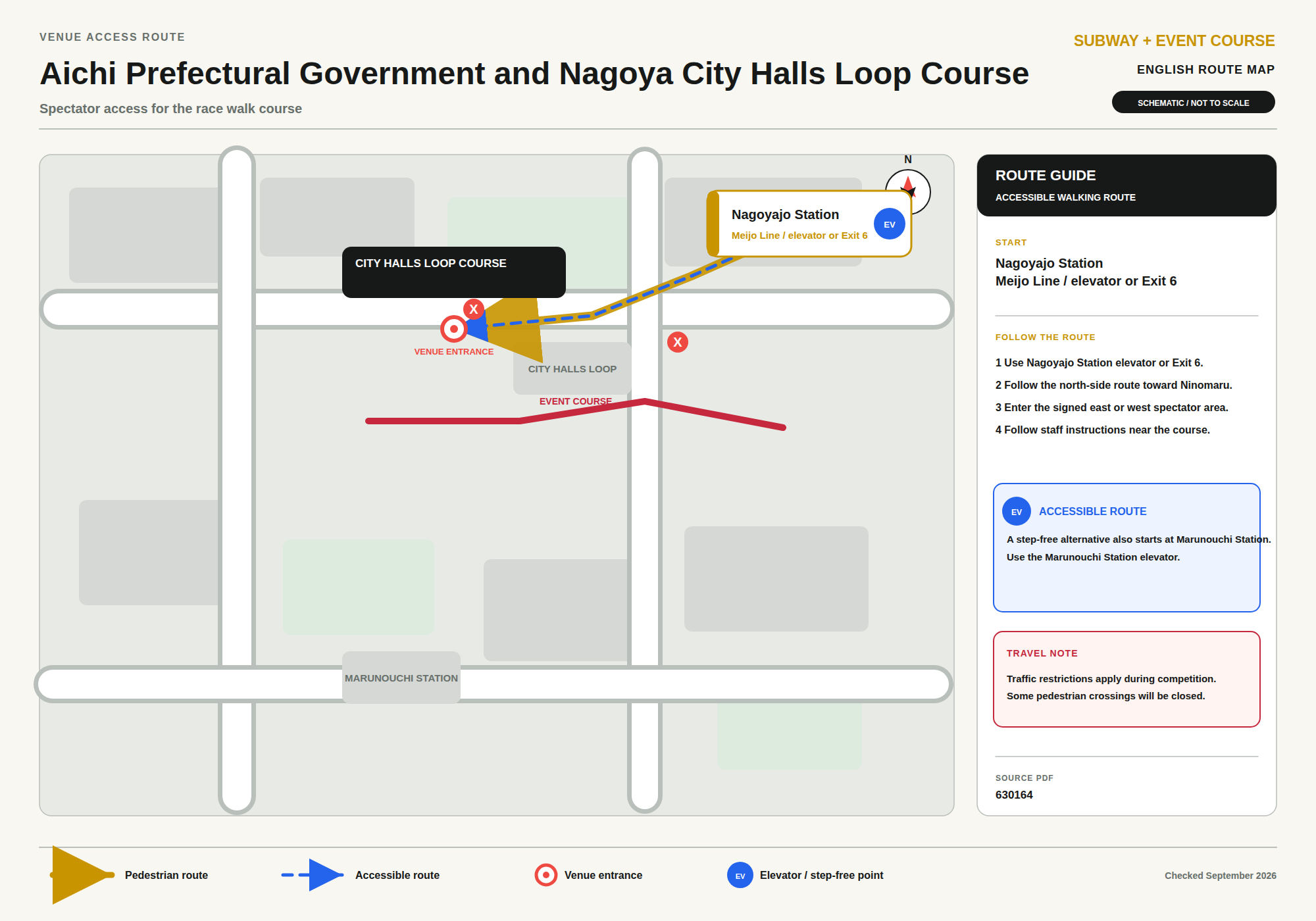 Route map from Nagoyajo Station (Meijo Line, elevator or Exit 6) to the Aichi Prefectural Government and Nagoya City Halls loop course. A step-free alternative also starts at Marunouchi Station, using its elevator. Follow the north-side route toward Ninomaru and enter the signed east or west spectator area near the course; traffic restrictions apply during the competition and some pedestrian crossings will be closed.