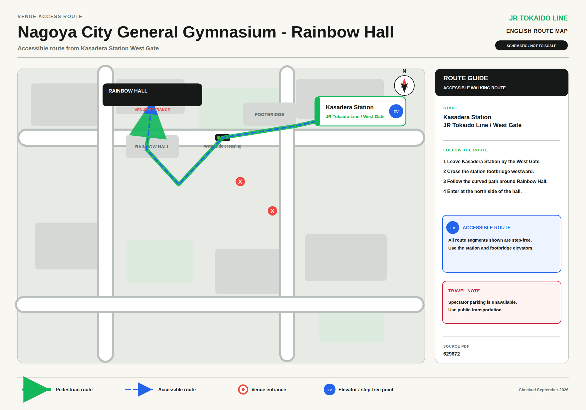Accessible walking route from Kasadera Station West Gate (JR Tokaido Line) to Nagoya City General Gymnasium Rainbow Hall: cross the station footbridge westward, follow the curved path around Rainbow Hall, and enter at the north side of the hall. All route segments are step-free; use the station and footbridge elevators.